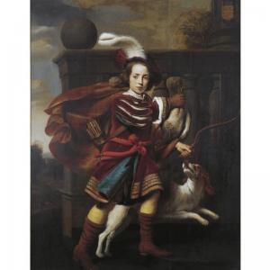 Cornelis Bisschop - Portrait Of A Young Boy As A Hunter With His King Charles Spaniel