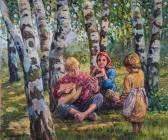 Bogdanoff-Belsky Nikolai Petrowitsch Balalaika Spielender Junge Mit Zwei Mädchen In Sommerlichem Birkenwald Bogdanoff-Belsky Nikolai Petrowitsch Balalaika Spielender Junge Mit Zwei Mädchen In Sommerlichem Birkenwald