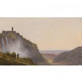 BOISSELIER Antoine Félix Extensive Italian Landscape By Waterfalls With Two Figures Pointing At The Valley BOISSELIER Antoine Félix Extensive Italian Landscape By Waterfalls With Two Figures Pointing At The Valley