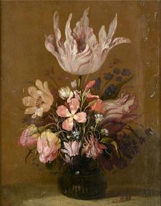 Hans Bollongier - Tulips, Roses And Other Flowers In A Glass Vase With A Snail, On A Table Top