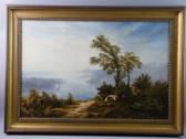 BOND Richard Sebastian An Historical Scene Of The Menai Straits And The Suspension Bridge And With Sailing Ship As Viewed From A Hilltop With Figure In A Shelter BOND Richard Sebastian An Historical Scene Of The Menai Straits And The Suspension Bridge And With Sailing Ship As Viewed From A Hilltop With Figure In A Shelter