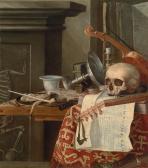 BONNECROY Sebastiaen Vanitas: A Skull, A Violin, An Upturned Tazza, Books, Tarot Cards, A Fob Watch, A Clay Pipe, A Taper, And A Pouch Of Tobacco On A Pewter Plate, On A Wooden Table Draped With A Rug BONNECROY Sebastiaen Vanitas: A Skull, A Violin, An Upturned Tazza, Books, Tarot Cards, A Fob Watch, A Clay Pipe, A Taper, And A Pouch Of Tobacco On A Pewter Plate, On A Wooden Table Draped With A Rug