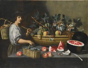 Pietro Paolo Bonzi -  A  Still  Life  Of  Grapes,  Melons  And  Pomegranates  On  A  Stone  Ledge  With  A  Figure  Carrying  A  Basket  On  The  Left