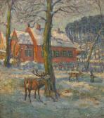 BORCHARD Arthur Winterlandschaft Mit Rotwild Vor Häuseransiedlung BORCHARD Arthur Winterlandschaft Mit Rotwild Vor Häuseransiedlung