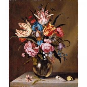 Abraham Bosschaert - A Still Life Of Pink Roses, Striped Tulips, A Blue Iris, A Striped Anemone, Fritallary, Lily Of The Valley, Columbine And Bluebells In A Glass Vase On A Stone Ledge, With Two Shells