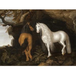 Abraham Bosschaert - Two Horses Standing In A Wooded Landscape, Before A Cave