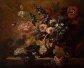 BOSSCHAERT Jean-Baptiste Still Life With Flowers And Grapes In Basket On A Plinth BOSSCHAERT Jean-Baptiste Still Life With Flowers And Grapes In Basket On A Plinth
