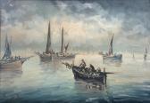 BOTT ELIO Fisher Folk In Sailing Vessels In Calm Waters Under A Cloud Filled Sky BOTT ELIO Fisher Folk In Sailing Vessels In Calm Waters Under A Cloud Filled Sky