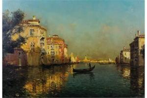 Eloi Noel Bouvard - Venetian Canal Scene With A Figure In A Gondola, Sunlit Buildings And Fishing Boats In The Distance