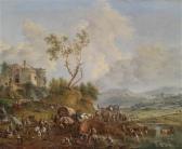 BRAND Johann Christian A River Landscape With Numerous Figures And Horse-drawn Vehicles BRAND Johann Christian A River Landscape With Numerous Figures And Horse-drawn Vehicles