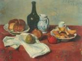 BRAZ Osip Emmanuelovich Still Life: Fruit With Cakes On Plates And A Wine Bottle And Pitcher On A Decorated Red Table Cloth BRAZ Osip Emmanuelovich Still Life: Fruit With Cakes On Plates And A Wine Bottle And Pitcher On A Decorated Red Table Cloth
