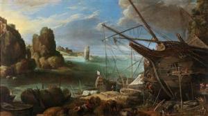 Paul Bril - A Coastal View With A Large Ship Being Repaired