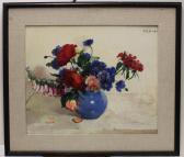 BROEDELET Henriette, Hetty Rozen En Vingerhoedskruid In Blauwe Vaas BROEDELET Henriette, Hetty Rozen En Vingerhoedskruid In Blauwe Vaas