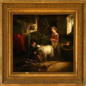 BROOKER J. Two Children Are Feeding The Sheep In A Stable BROOKER J. Two Children Are Feeding The Sheep In A Stable
