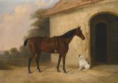 BROWN Edwin A Saddled Bay Hunter tethered To A Gatehouse, With A terrier BROWN Edwin A Saddled Bay Hunter tethered To A Gatehouse, With A terrier