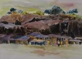 BROWN INI Figures Before Buildings In A Hilly Landscape BROWN INI Figures Before Buildings In A Hilly Landscape