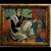 BROWN Marcia Woman Seated On A Striped Sofa BROWN Marcia Woman Seated On A Striped Sofa