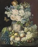 BROWNE JANE M Peonys, Lilies, Bluebells And Tulips In A Marble Vase Surrounded By An Abundance Of Grapes, Lemons And Peaches BROWNE JANE M Peonys, Lilies, Bluebells And Tulips In A Marble Vase Surrounded By An Abundance Of Grapes, Lemons And Peaches
