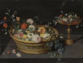 BRUEGHEL Jan II A Wicker Basket Of Roses, Peonies, Tulips And Other Flowers With A Silver Gilt Tazza And Flowers And A Butterfly And Other Insects On A Stone Ledge Strewn With Carnations BRUEGHEL Jan II A Wicker Basket Of Roses, Peonies, Tulips And Other Flowers With A Silver Gilt Tazza And Flowers And A Butterfly And Other Insects On A Stone Ledge Strewn With Carnations