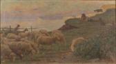 BRUGAIROLLES Victor Herder With Sheep And Goats In A Cliff-side Pasture BRUGAIROLLES Victor Herder With Sheep And Goats In A Cliff-side Pasture