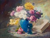 BRUNEL DE NEUVILLE Alfred Arthur Fleurs Dans Un Vase Bleu, Verre Et Livre BRUNEL DE NEUVILLE Alfred Arthur Fleurs Dans Un Vase Bleu, Verre Et Livre