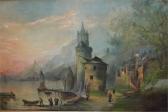 BULL J.H. Continental Mountain Lake Scene With Figures BULL J.H. Continental Mountain Lake Scene With Figures