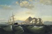 BUNCH C V A Steam Ship Passing A Danish Brig In Busy Shipping Lanes Off The Rock Of Gibraltar BUNCH C V A Steam Ship Passing A Danish Brig In Busy Shipping Lanes Off The Rock Of Gibraltar