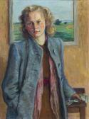 BURCKHARDT Paul Blonde Junge Frau In Blauem Mantel Vor Landschaftsgemälde BURCKHARDT Paul Blonde Junge Frau In Blauem Mantel Vor Landschaftsgemälde
