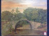 BURDON AM Naive Landscape With Fisherman Under Bridge BURDON AM Naive Landscape With Fisherman Under Bridge
