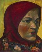 BURKOVSKY NIKOLAI Portrait Of A Woman In A Red Headscarf BURKOVSKY NIKOLAI Portrait Of A Woman In A Red Headscarf