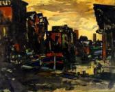 BUSSEY Leonard O. Moored Barges In A River Dockyard And A Village Street In Howarth BUSSEY Leonard O. Moored Barges In A River Dockyard And A Village Street In Howarth