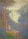 BUTLER Herbert E. Mother And Small Child On A Cornish Coastal Path Atdusk, With Distant Boats In The Harbour BUTLER Herbert E. Mother And Small Child On A Cornish Coastal Path Atdusk, With Distant Boats In The Harbour