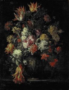 Margherita Caffi - Tulips, Carnations And Other Flowers In An Urn On A Ledge