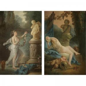 Antoine Francois Callet - A Bacchante Playing The Tambourine Before A Statue Of Pan, A Drunk Young Satyr Asleep In The Foreground; A Young Lady Offering A Garland Of Flowers To A Statue Of Cupid