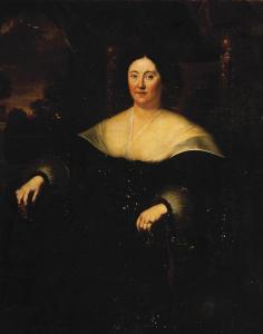 Giovanni Bernardo Carbone - Portrait Of A Lady, Three-quarter-length, Seated, In A Black Dress, Holding A Book In Her Right Hand, A Landscape Beyond