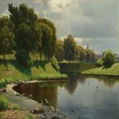 CARLSEN Carl Christian E. Danish Summerlandscape With Walking Woman Along Moat CARLSEN Carl Christian E. Danish Summerlandscape With Walking Woman Along Moat