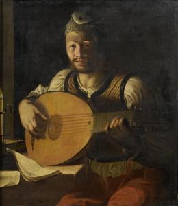 Angelo Caroselli - A Young Man Playing A Lute By Candlelight