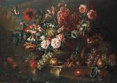 CASTEELS Pieter III Roses, Poppies, Convolvulus And Other Flowers In A Sculpted Urn On A Stone Ledge, With Grapes, Peaches, A Pumpkin, A Squirrel Eating Hazelnuts And A Goldfinch CASTEELS Pieter III Roses, Poppies, Convolvulus And Other Flowers In A Sculpted Urn On A Stone Ledge, With Grapes, Peaches, A Pumpkin, A Squirrel Eating Hazelnuts And A Goldfinch
