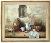 CHAILLOUX Robert Bread, A Wine Flagon, Cup, Jug, Cherries And An Apple, On A Wooden Table With A Candle In An Alcove CHAILLOUX Robert Bread, A Wine Flagon, Cup, Jug, Cherries And An Apple, On A Wooden Table With A Candle In An Alcove