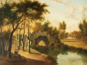Constance M. Blondel Charpentier - A Wooded River Landscape Withtwo Gentlemen Resting 