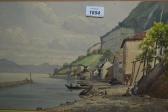 CHOUPPE Jean-Henri Moored Boats And Figures Before A Lake Side Village With Distant Mountains CHOUPPE Jean-Henri Moored Boats And Figures Before A Lake Side Village With Distant Mountains