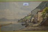 CHOUPPE Jean-Henri Moored Boats And Figures Before A Lake Side Village With Distant Mountains CHOUPPE Jean-Henri Moored Boats And Figures Before A Lake Side Village With Distant Mountains