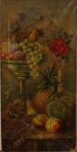 CHURCH Henry A Still Life Of Fruit On A Stone Ledge With A Vase Of Redroses CHURCH Henry A Still Life Of Fruit On A Stone Ledge With A Vase Of Redroses