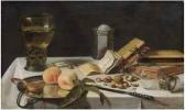 CLAESZ Pieter Two Peaches, A Watch, A Roemer Filled With Wine, A Salt Cellar,books And Chestnuts On A Draped Table CLAESZ Pieter Two Peaches, A Watch, A Roemer Filled With Wine, A Salt Cellar,books And Chestnuts On A Draped Table