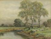CLARK John Stewart Flock Of Sheep Approaching A Pond CLARK John Stewart Flock Of Sheep Approaching A Pond