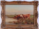 CLARK Joseph Dixon Cattle Watering In A Landscape With Windmill Beyond CLARK Joseph Dixon Cattle Watering In A Landscape With Windmill Beyond