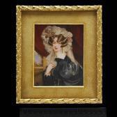 Clemenentina Robertson Miss Cynthia Harcourt, Wearing Dark Purple Dress With Voluminous Sleeve, Lorgnette On Fine Gold Chain, White Lace Headdress With Veil And Decorated With Cerise Flowers, Pendent Gold Earrings, Her Right Hand Raised To Her Chest, Red Curtain And Open Doorwa Clemenentina Robertson Miss Cynthia Harcourt, Wearing Dark Purple Dress With Voluminous Sleeve, Lorgnette On Fine Gold Chain, White Lace Headdress With Veil And Decorated With Cerise Flowers, Pendent Gold Earrings, Her Right Hand Raised To Her Chest, Red Curtain And Open Doorwa