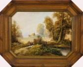 CLEMENS H.G. Personen Mit Gänseschar An Einer Holzbrücke In Bewaldeter Herbstlandschaft CLEMENS H.G. Personen Mit Gänseschar An Einer Holzbrücke In Bewaldeter Herbstlandschaft
