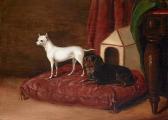 CLEMENSON F.A. An Interior Scene With A Manchester Terrier And A King Charles Spaniel By A Kennel CLEMENSON F.A. An Interior Scene With A Manchester Terrier And A King Charles Spaniel By A Kennel