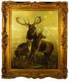CLEMINSON Robert Stag, Doe And Faun Stood In Misty Highlands Amongst Heather And Bracken CLEMINSON Robert Stag, Doe And Faun Stood In Misty Highlands Amongst Heather And Bracken